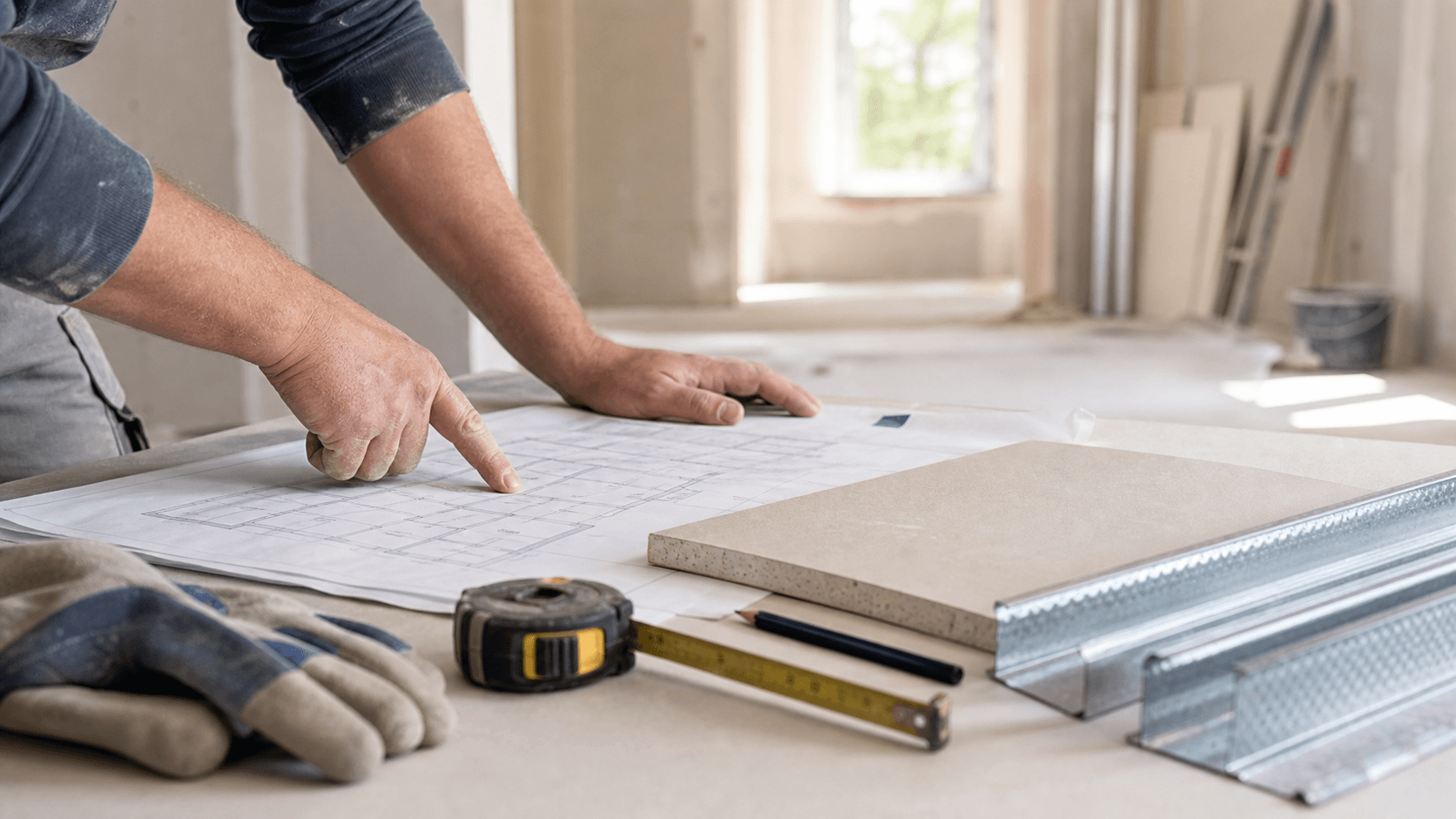 Planungstisch mit Bauplan, Profilen und Trockenbau-Material